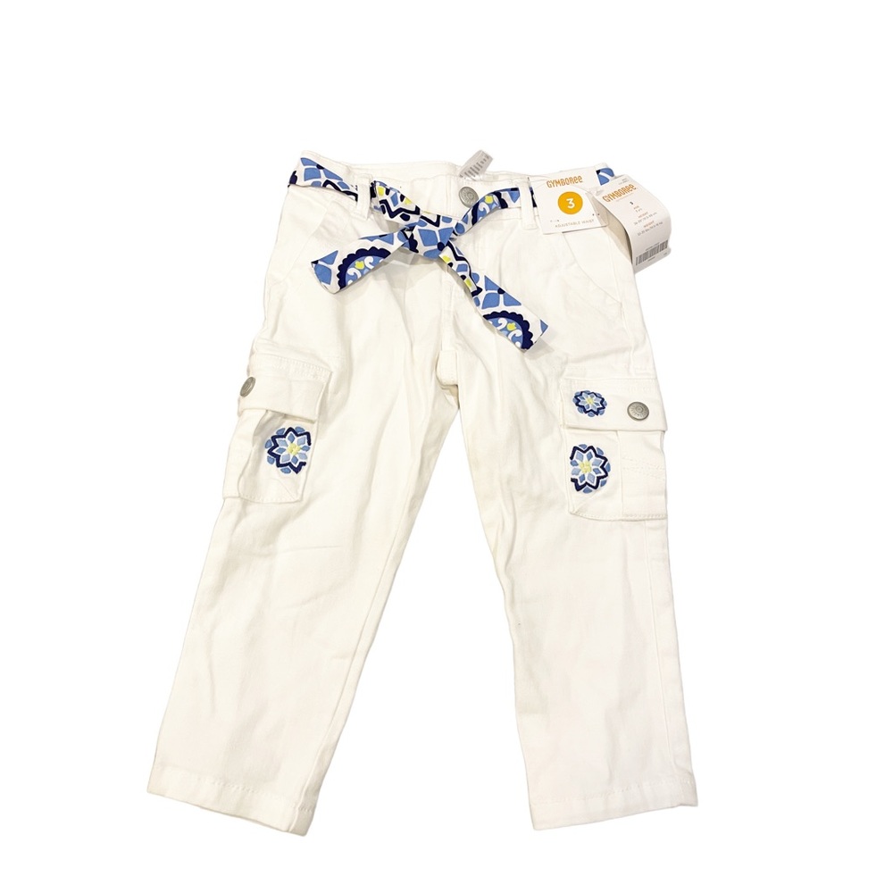 NWT Gymboree White Cargo Pants with Belt and Flower Embroidery Size 3